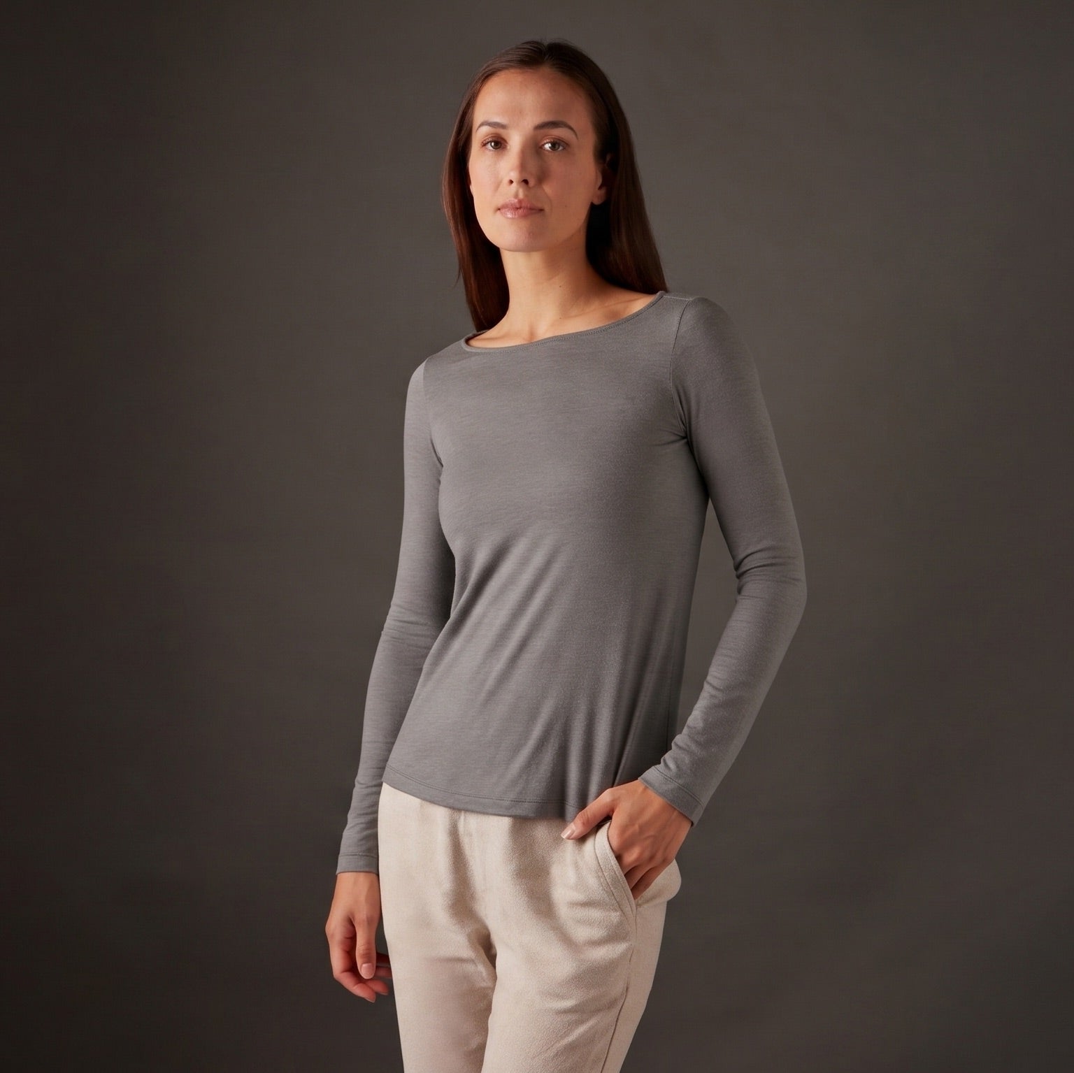 Women's Halo Long Sleeve Boat Neck in Riverstone- ultrafine Merino