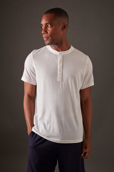 Men's Slim Fit Cotton Henley Shirt - Short Sleeve, Lightweight, 3-Button Placket, White, Small